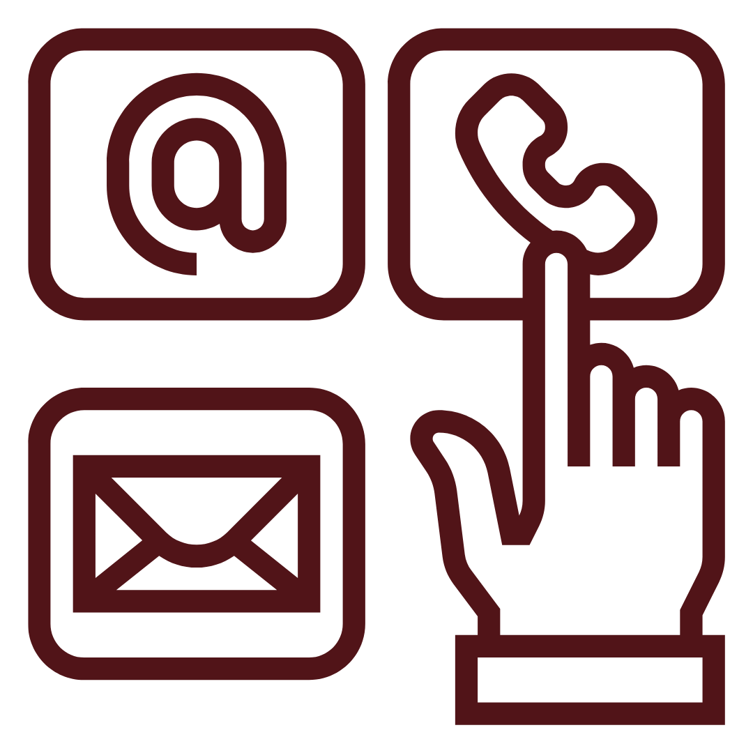 Maroon contact icons for email, phone, and message, with a hand tapping the phone button