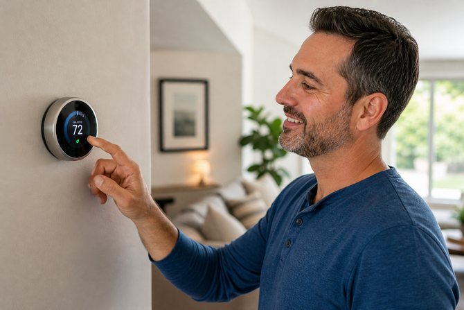 Learn more about our Thermostat Solutions Man adjusting a smart thermostat on a wall in a bright living room