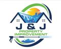 Logo: Blue house with water spray, "J & J Property Improvement", green/blue arches, and sun.
