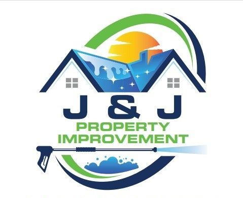 Logo: Blue house with water spray, "J & J Property Improvement", green/blue arches, and sun.