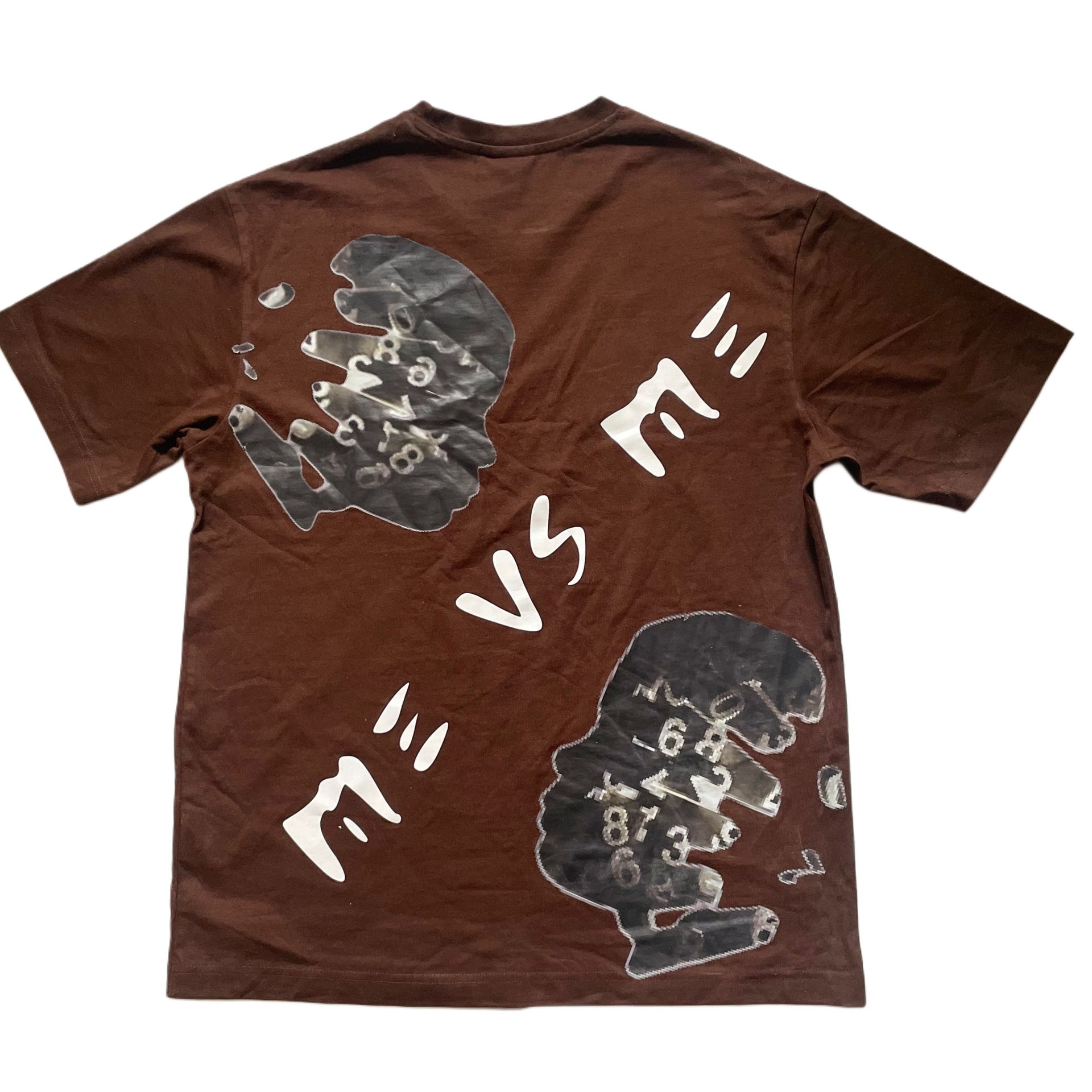 Brown t-shirt with two face silhouettes, numbers, and text 