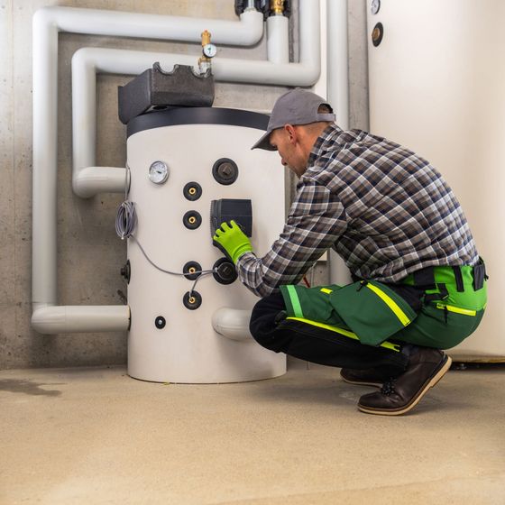 Lake Area Heating and Cooling LLC | A man wearing green gloves is working on a water heater