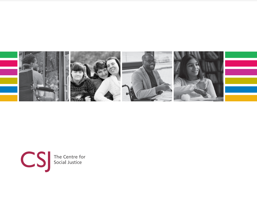 A black and white photo of a group of people with a colorful striped background.