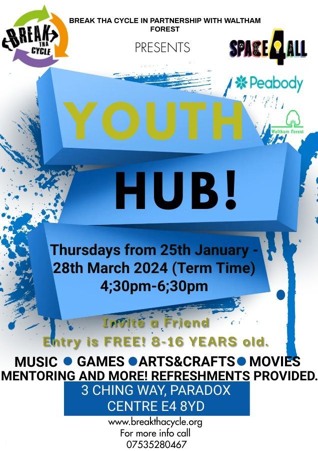 A poster for a youth hub that takes place on thursdays from 25th january to 28th march 2024