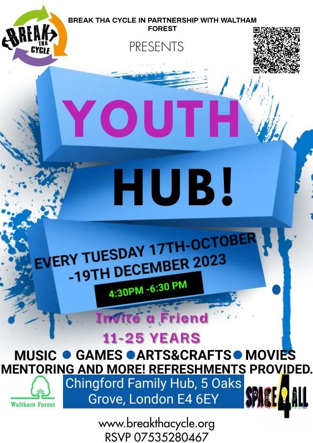 A poster for a youth hub that takes place on tuesday 17th october