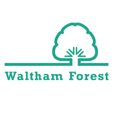 A logo for waltham forest with a tree in the middle.