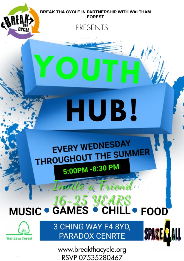 A poster for a youth hub every wednesday throughout the summer