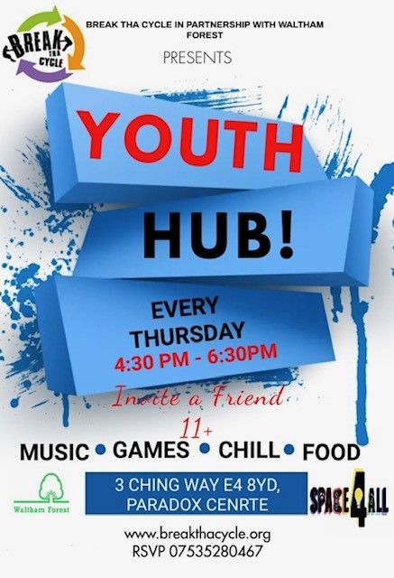 A poster for a youth hub every thursday at 4:30 pm - 6:30 pm