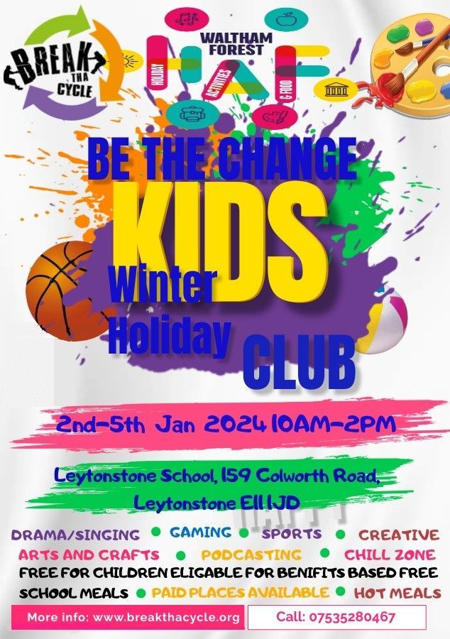 A poster for a be the change kids winter holiday club