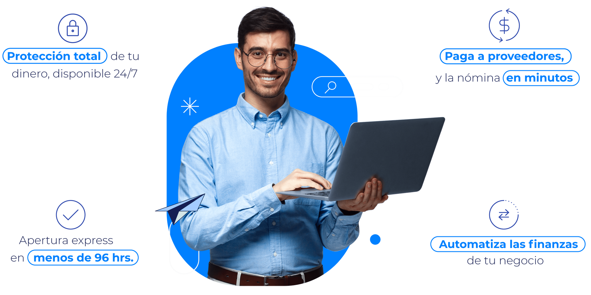 Una computadora portátil está sentada sobre una mesa con un fondo azul.