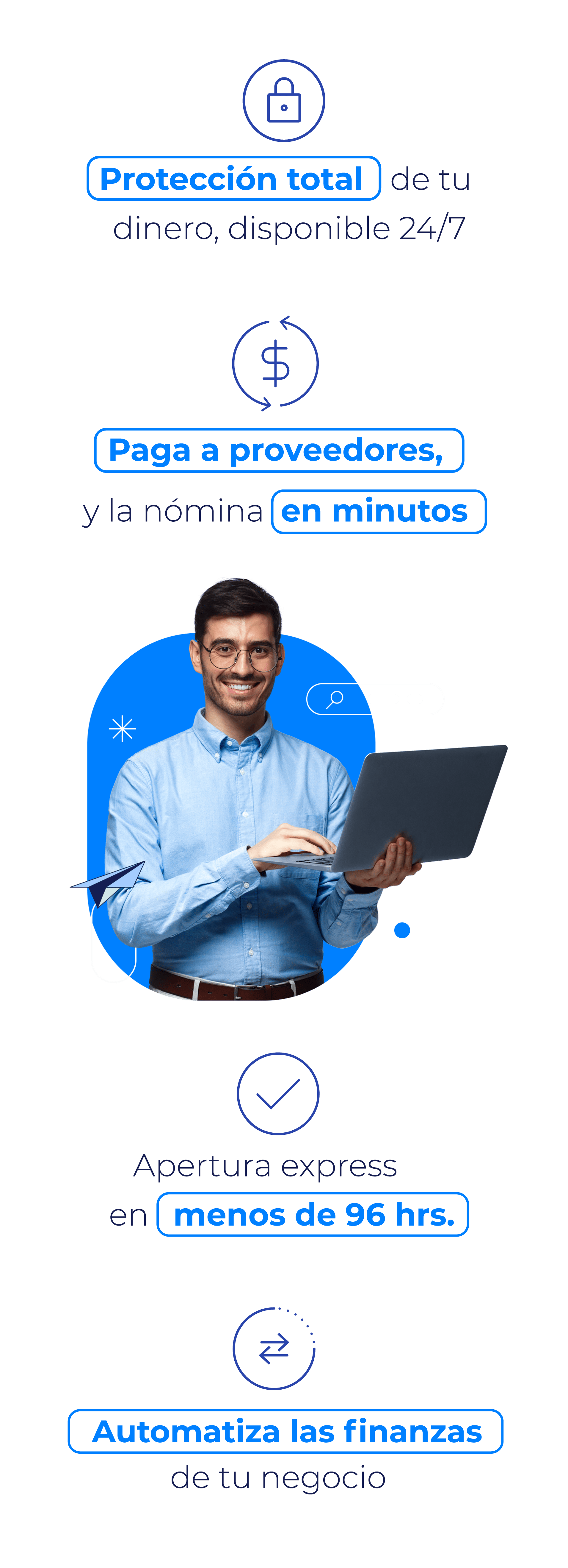 Una computadora portátil está sentada encima de un círculo azul sobre un fondo blanco.