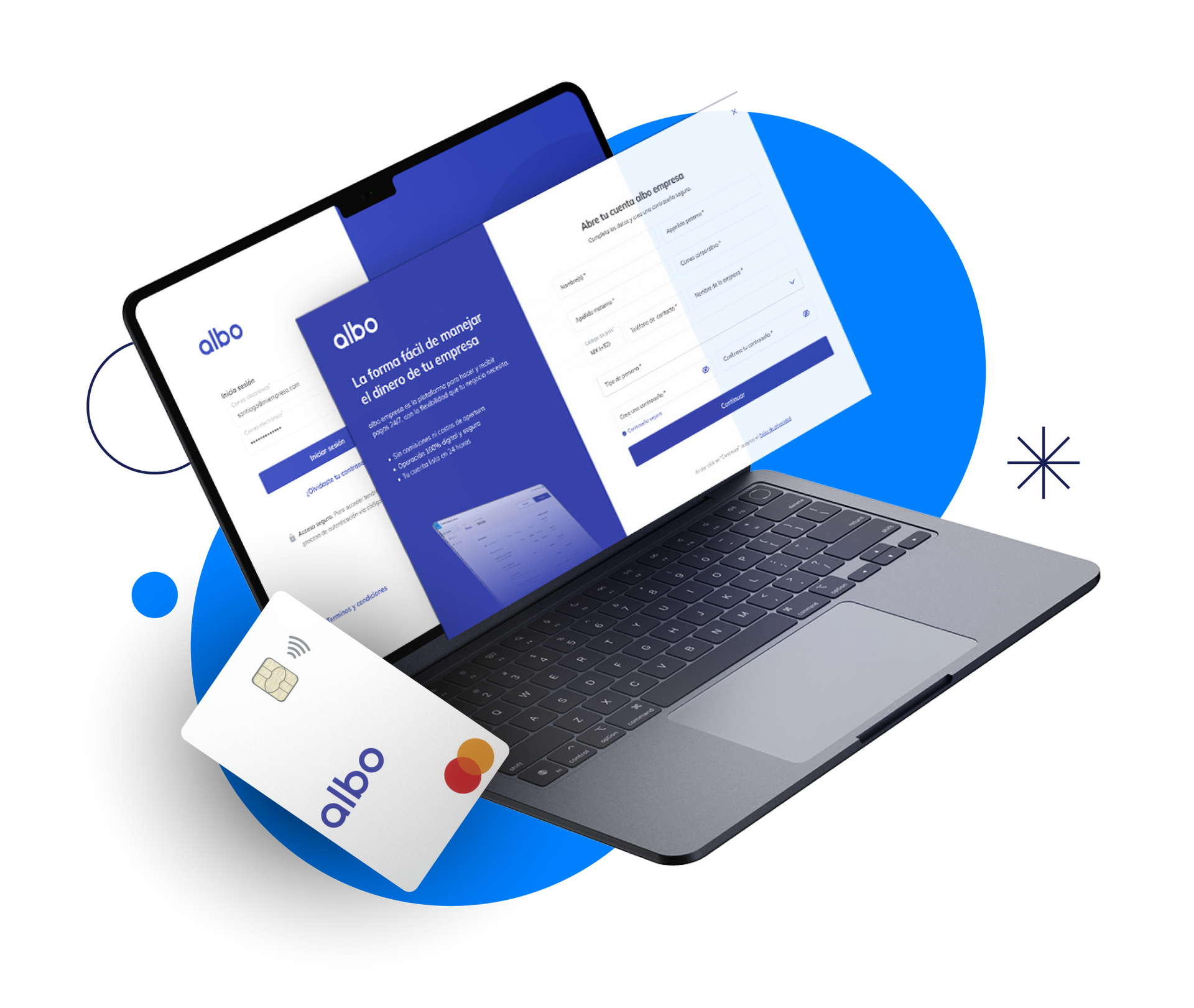 Un hombre con una camisa azul sostiene una computadora portátil en sus manos.