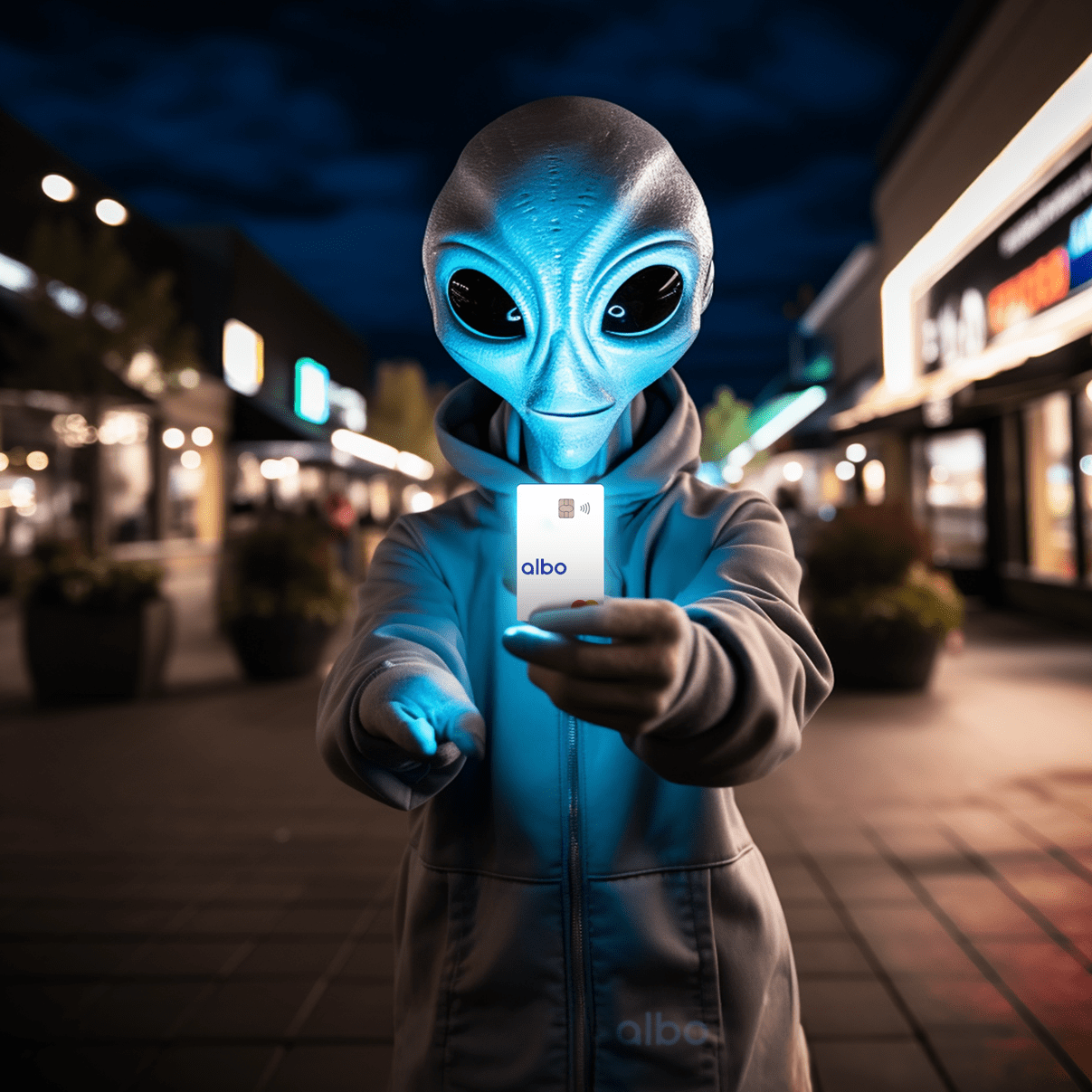 Una persona vestida como un extraterrestre sostiene un teléfono celular