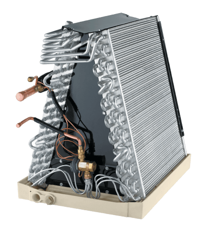 A close up of an air conditioner evaporator on a white background