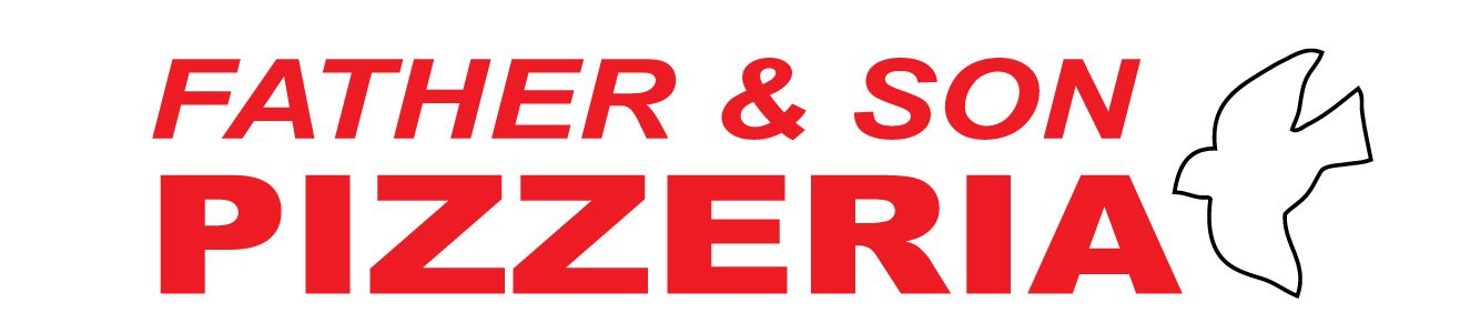A red and white logo for father and son pizzeria.