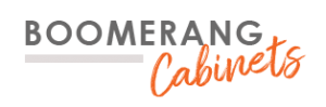 Logo for Boomerang Cabinets, gray text and light orange script.