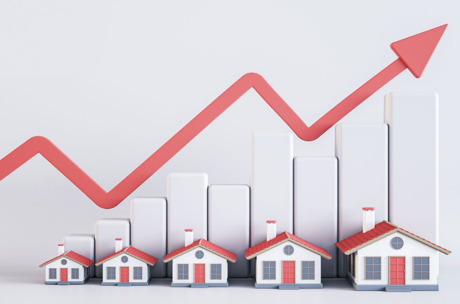 Real estate price increase visualized with houses and an upward trend line.