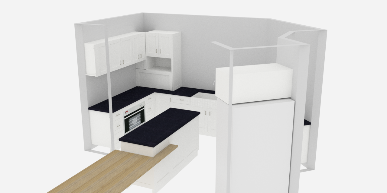 A 3d model of a kitchen with white cabinets and black counter tops