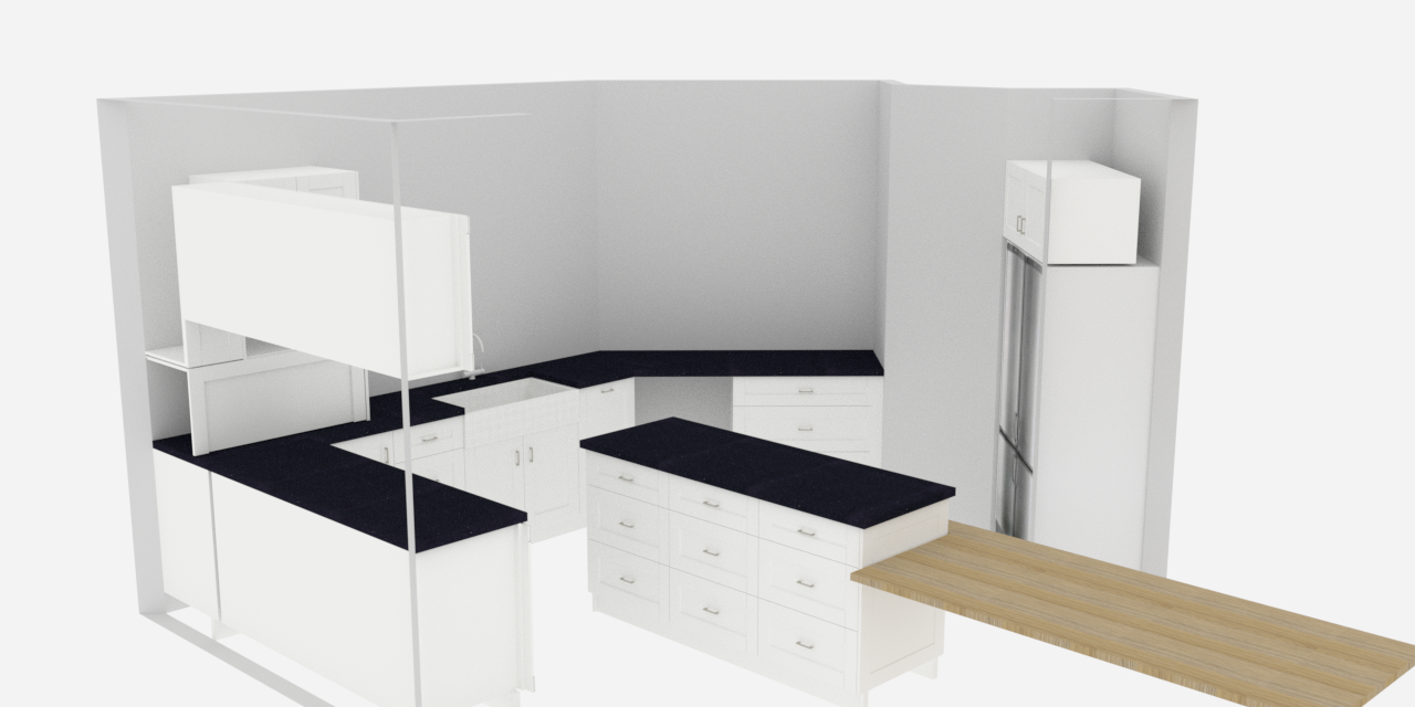 A 3d rendering of a kitchen with white cabinets and black counter tops
