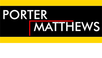 Porter Matthews logo: white text on black and yellow background, with red underline.