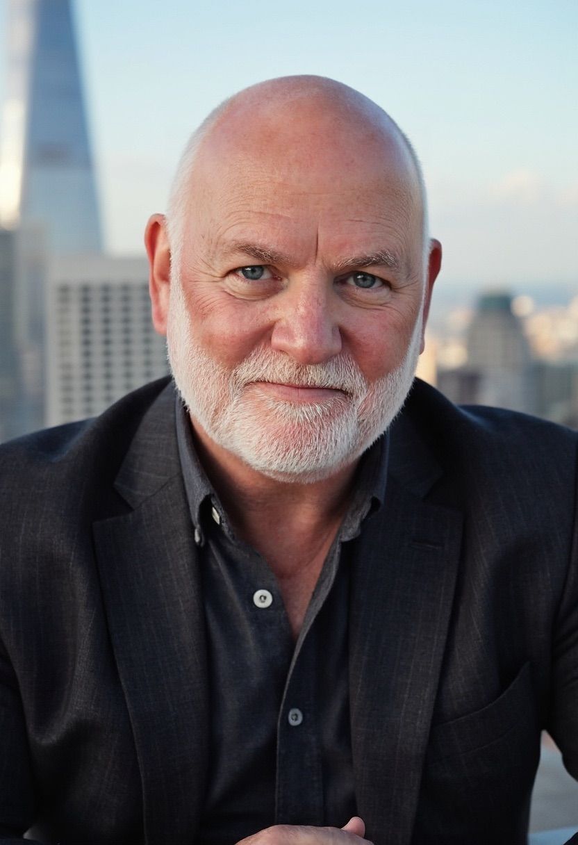 A portrait of a person with a beard and a dark blazer, positioned against a backdrop of city skyscrapers.