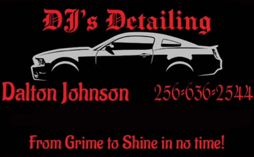 Black and red logo for DJ's Detailing. Features a car silhouette, name, phone number, and tagline 