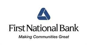 The first national bank logo is blue and white and says `` making communities great ''.