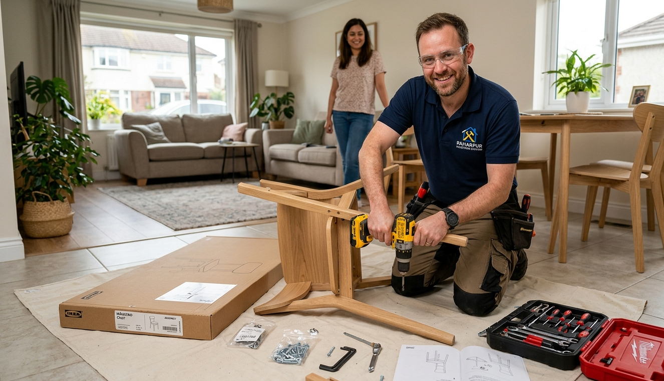A person kneeling on a living room floor uses a power drill to assemble a wooden chair, with parts spread out nearby.