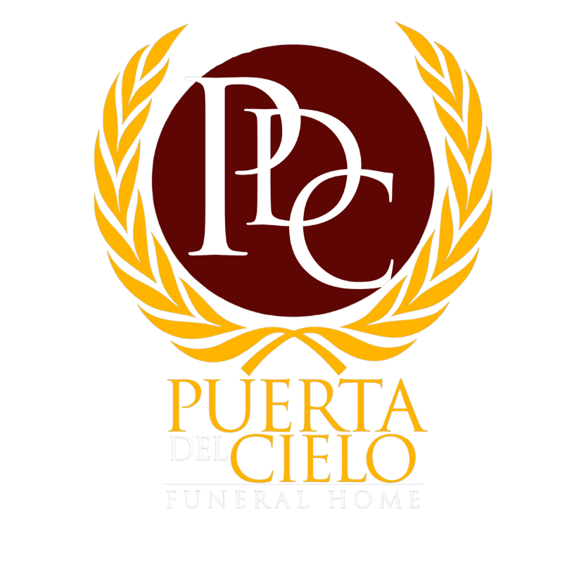 Puerta de Cielo funeral home logo with maroon monogram, gold laurel wreath, and gold text on white background