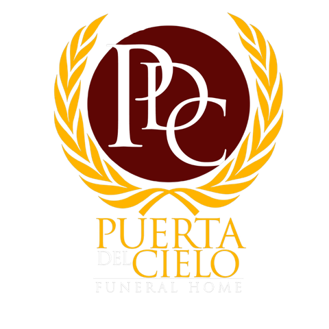 Puerta de Cielo funeral home logo with maroon monogram, gold laurel wreath, and gold text on white background