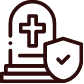 Brown outline of a cross on a tombstone with a shield checkmark icon in front