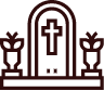 Brown line icon of a gravestone with a cross, flanked by two flowers