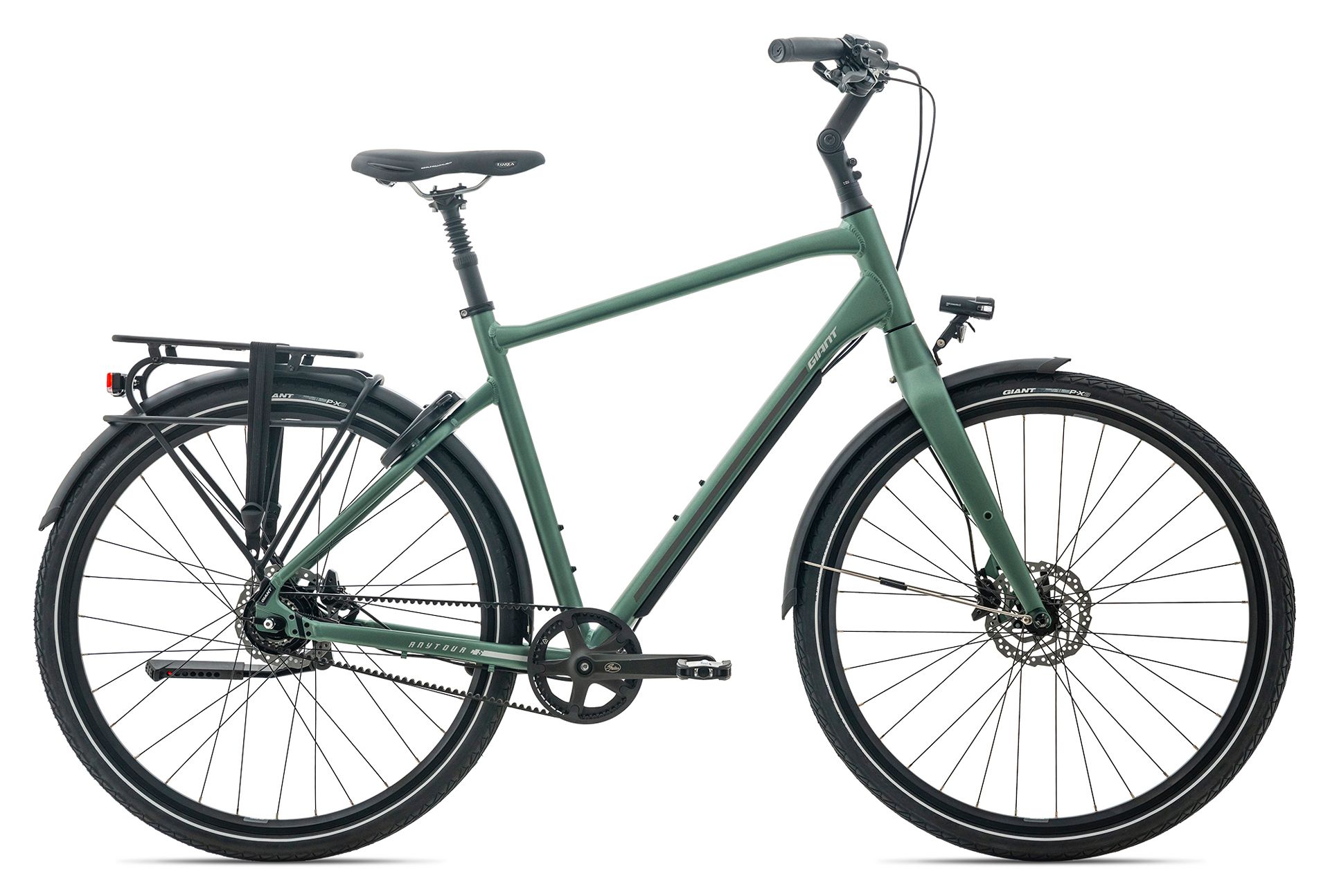 Op een witte achtergrond is een grijze fiets van Giant afgebeeld.