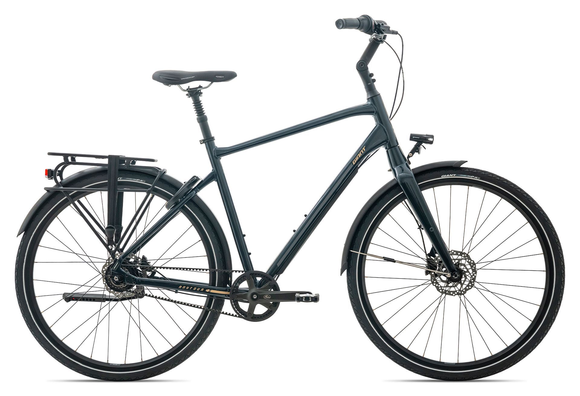 Een blauwe fiets van Giant zit op een witte achtergrond.