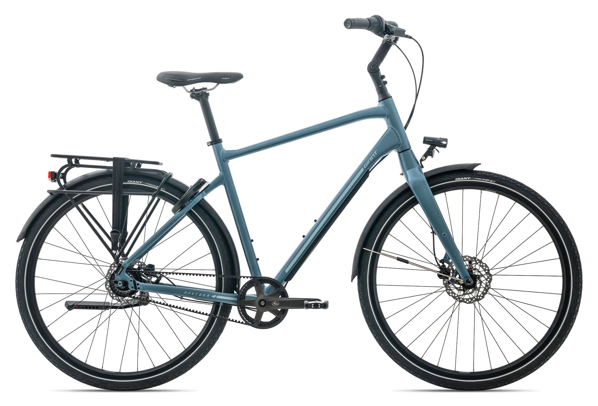 Op een witte achtergrond wordt een grijze fiets van Giant weergegeven.