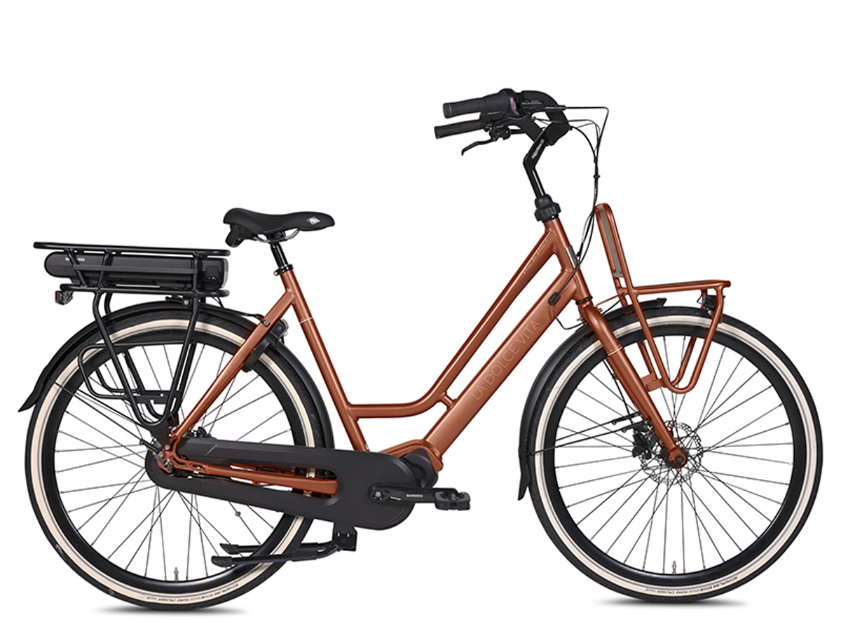 Een bruine fiets met een bagagedrager van BSP op een witte achtergrond.