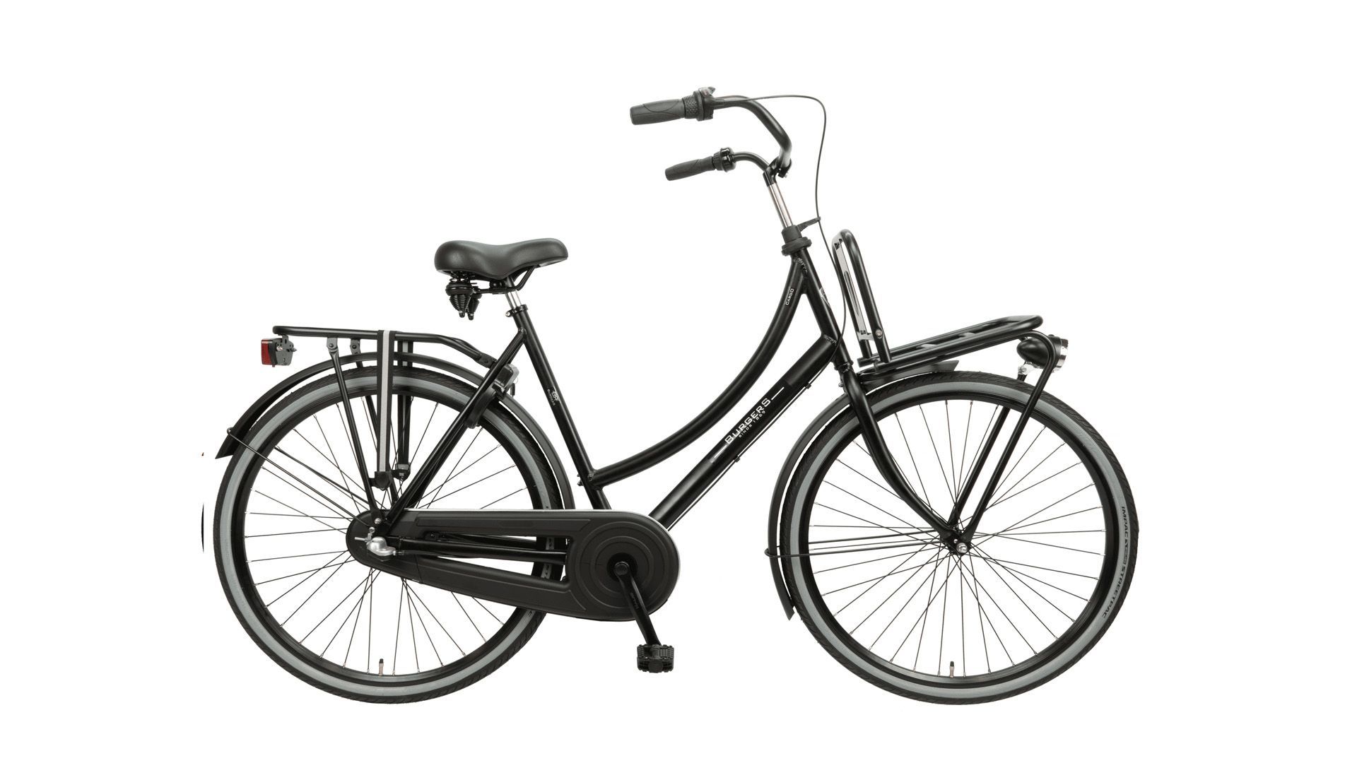 Een zwarte fiets van Burgers staat op een witte achtergrond.