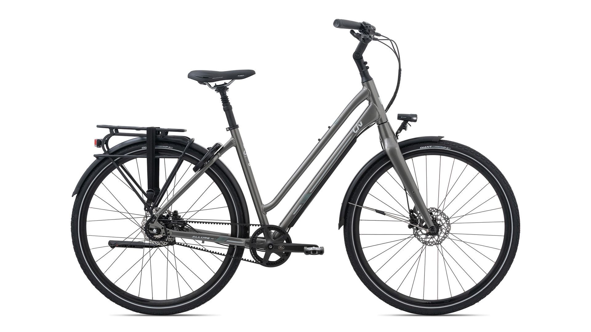 Op een witte achtergrond wordt een grijze fiets van Giant weergegeven.