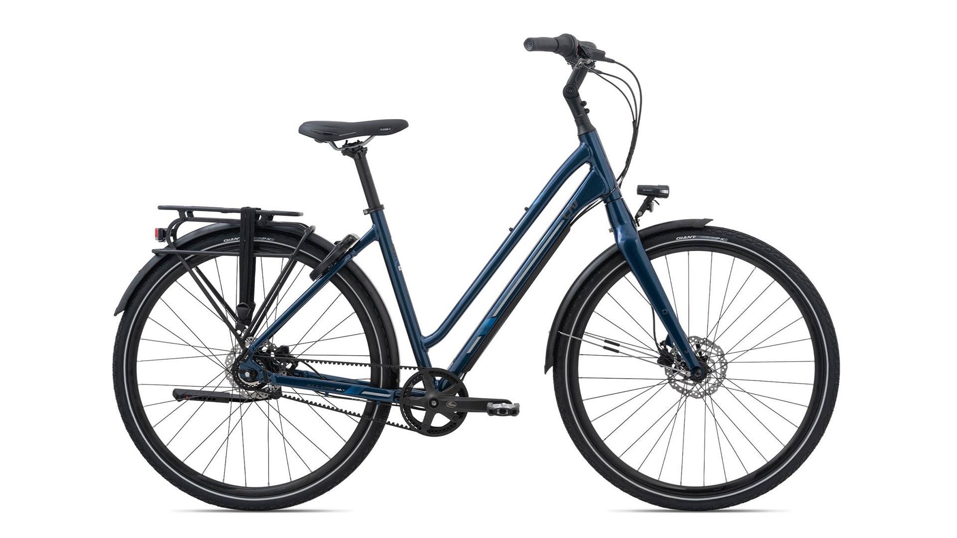 Op een witte achtergrond is een blauwe fiets van Giant afgebeeld.