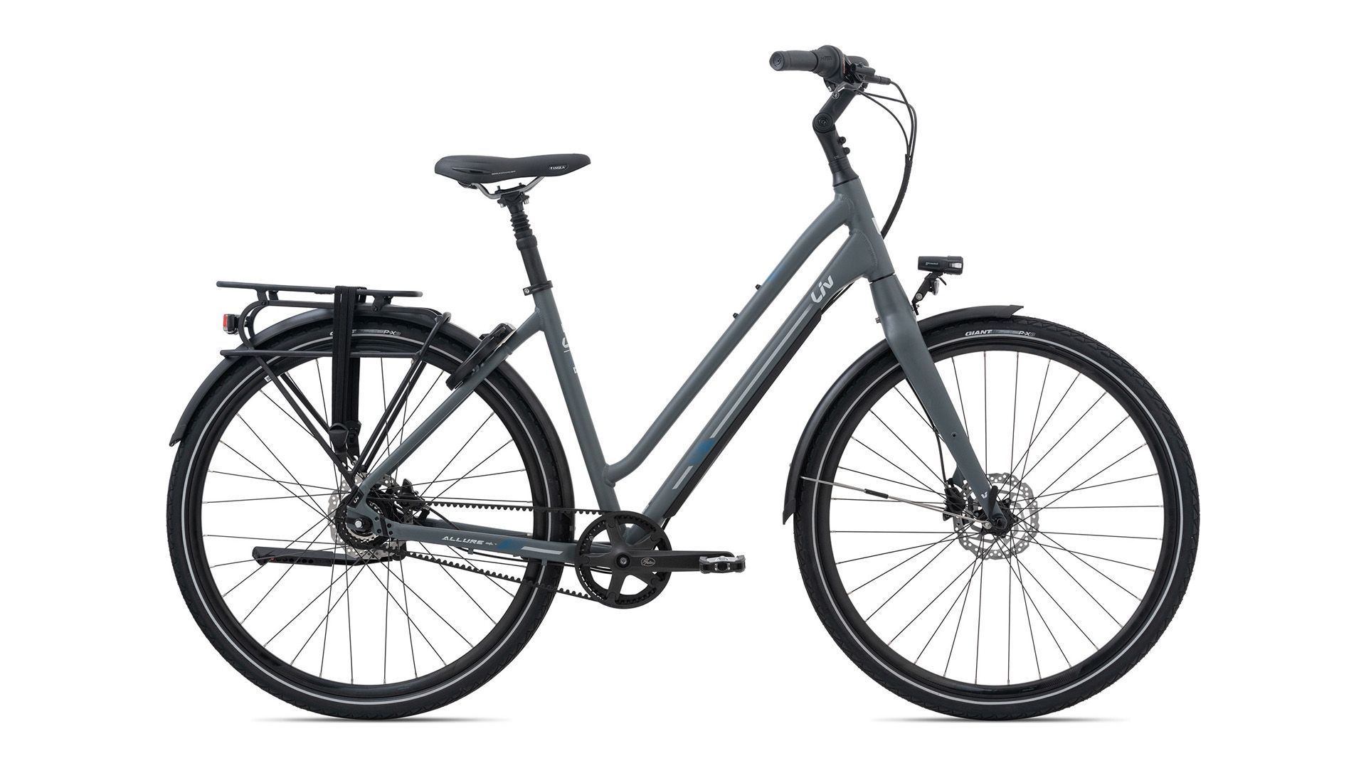 Een grijze fiets van Giant zit op een witte achtergrond.