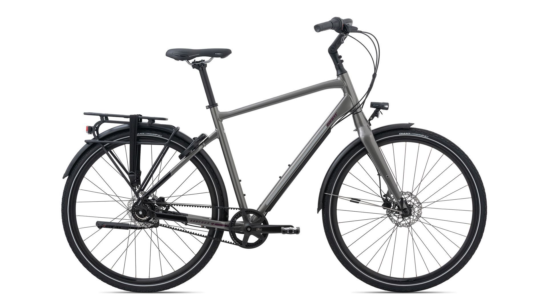 Op een witte achtergrond wordt een grijze Giant fiets weergegeven.