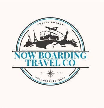 Now Boarding Travel Co. logo with airplane and city skyline in teal and black on white background