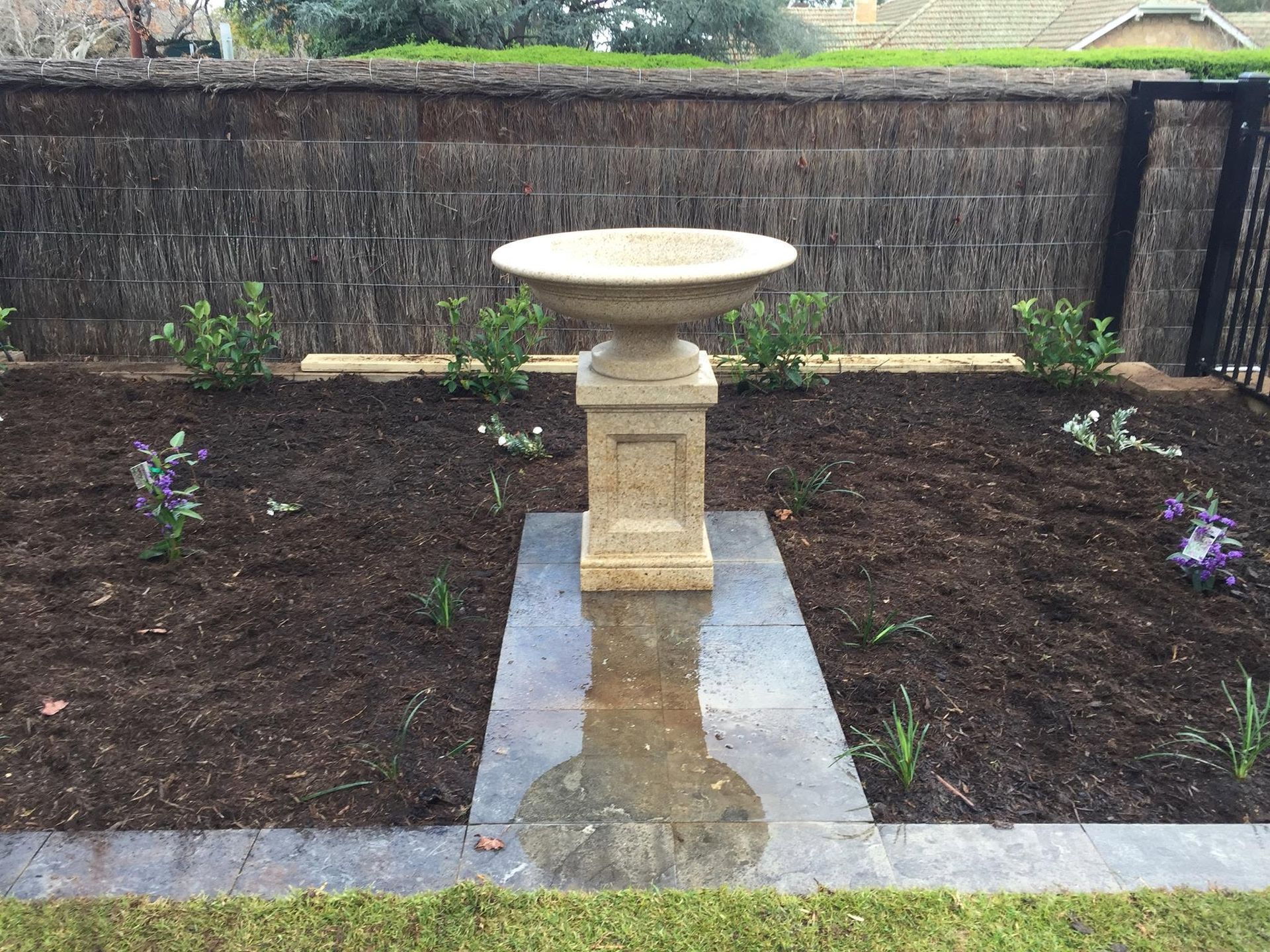 Garden birdbath centered on a stone path between freshly planted flower beds and a brick wall Garden birdbath centered on a stone path between freshly planted flower beds and a brick wall