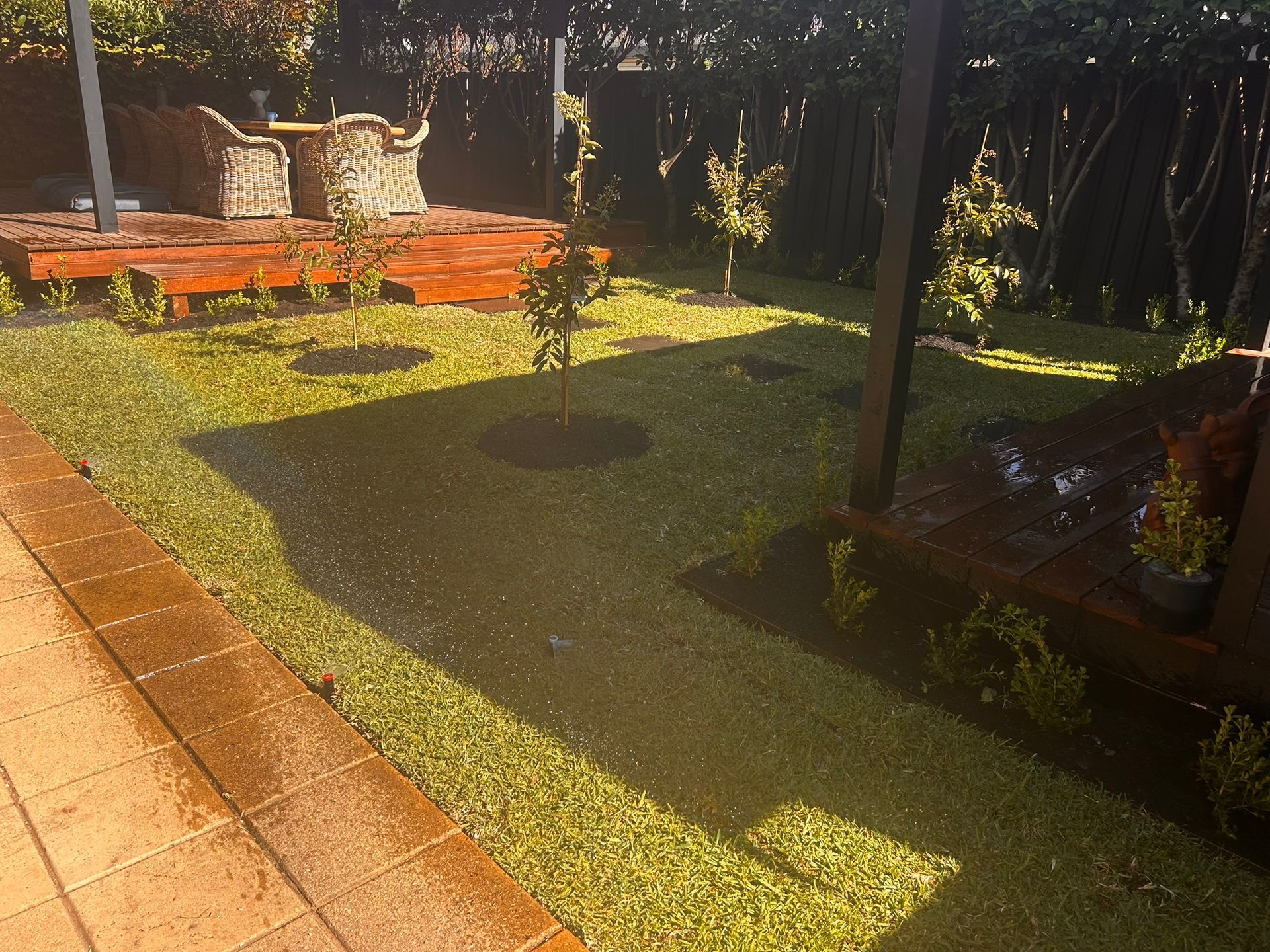 Sunlit garden patio with brick path, grass, trees, and shaded seating area