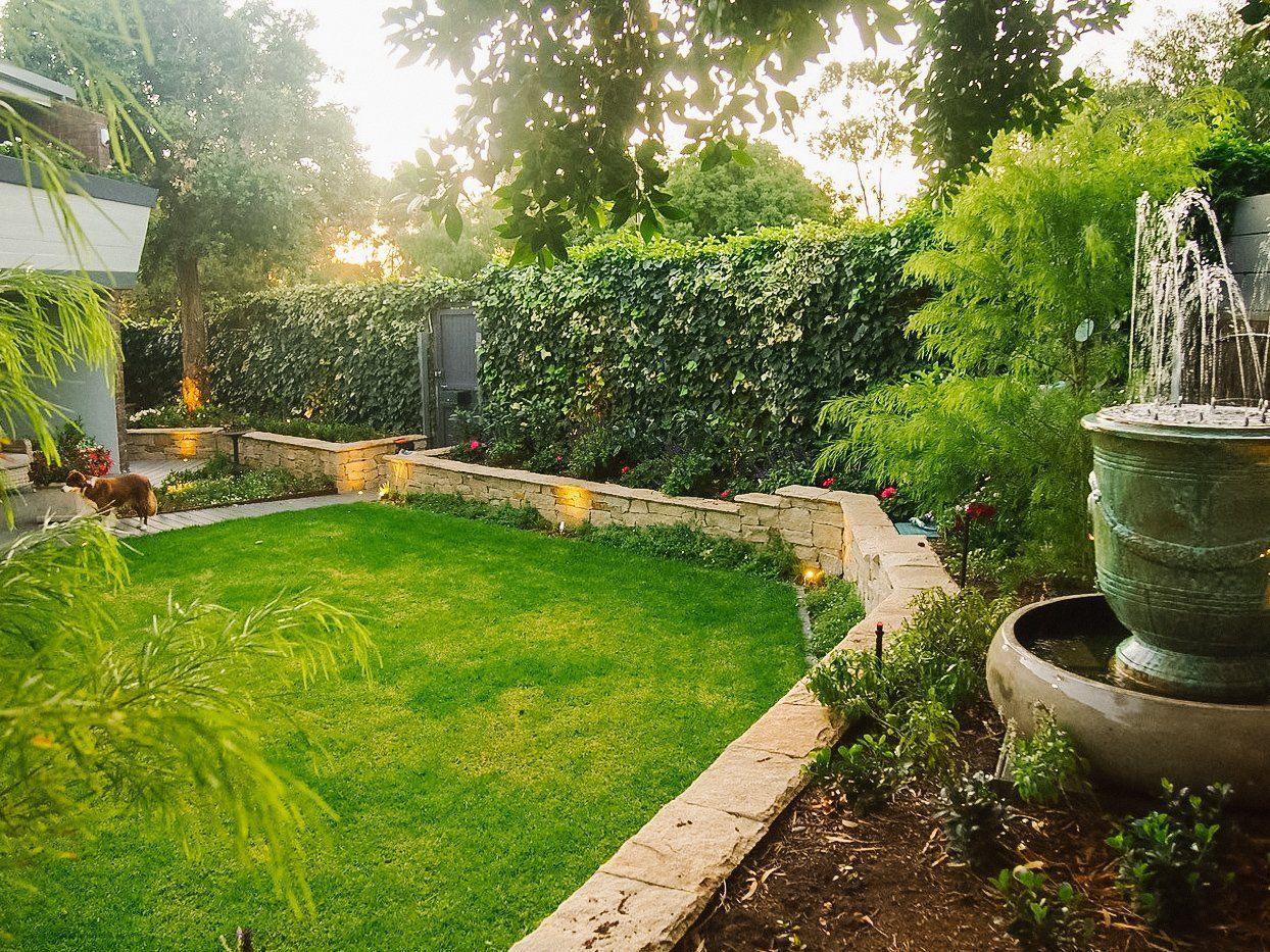 Sunlit backyard garden with lush lawn, hedges, stone border, and a fountain on the right Sunlit backyard garden with lush lawn, hedges, stone border, and a fountain on the right
