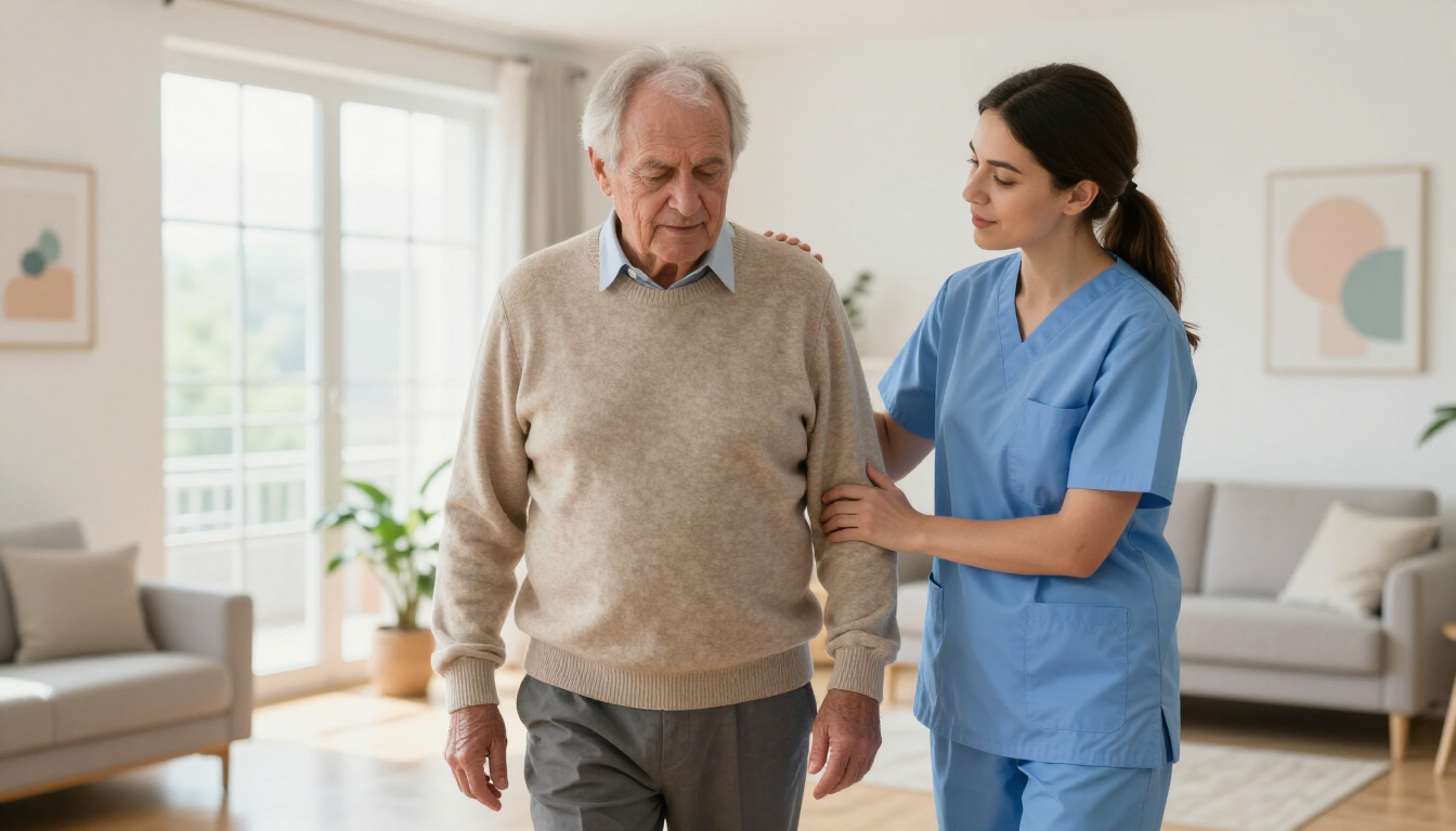 Carer supporting elderly man