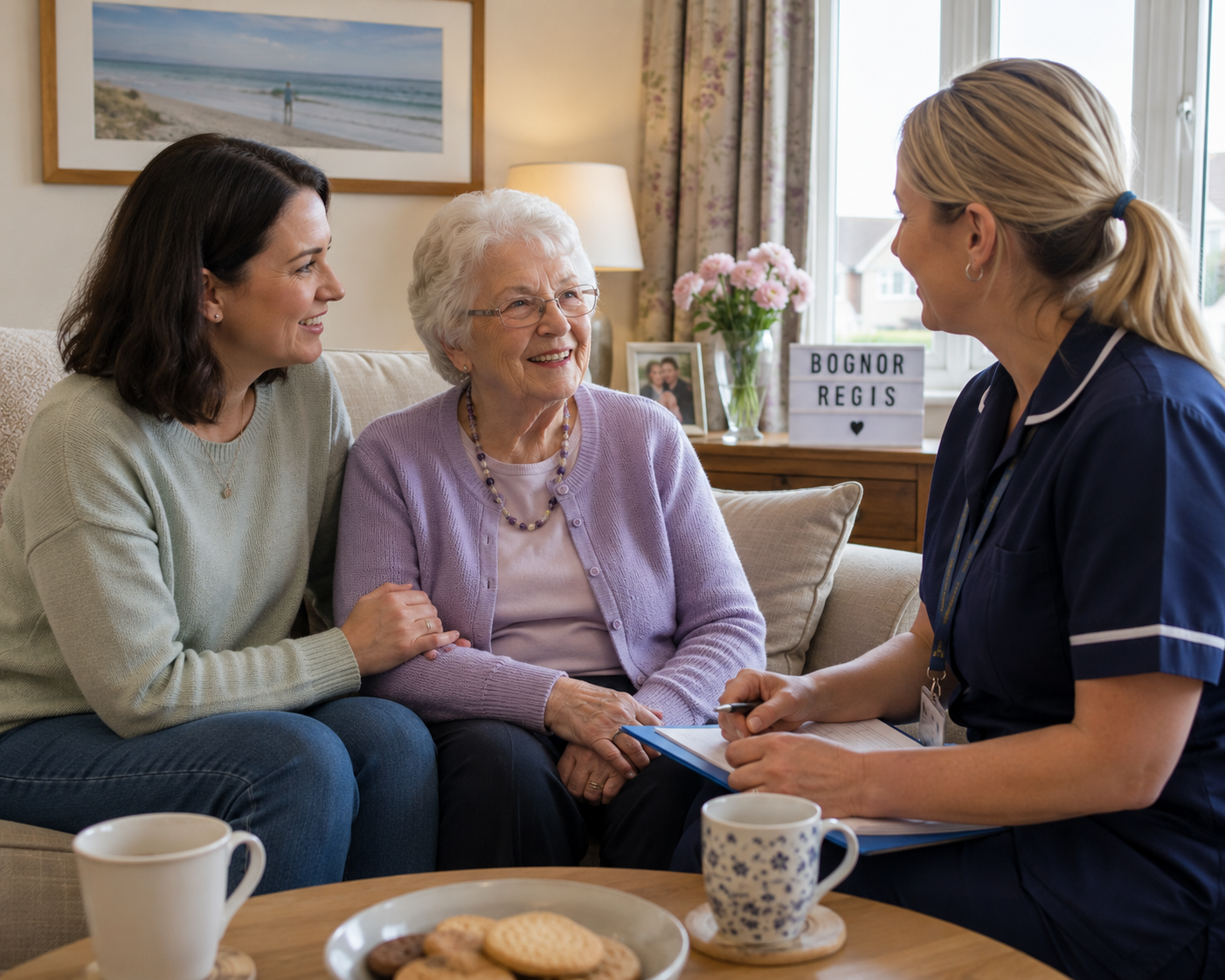 Adult daughter and elderly mother talking with a home carer in a family living room in Bognor Regis