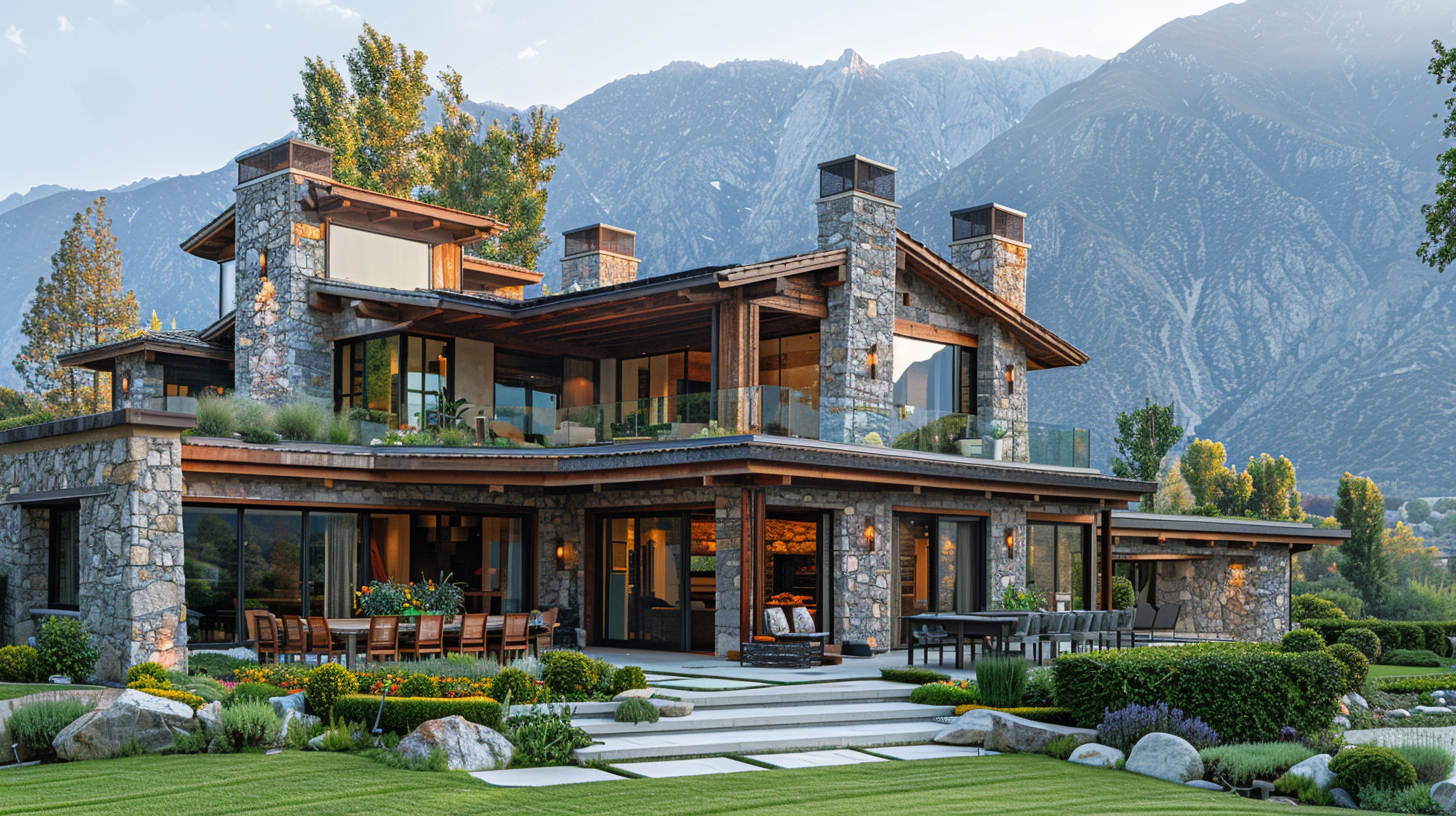 A large house is sitting on top of a lush green hillside with mountains in the background.