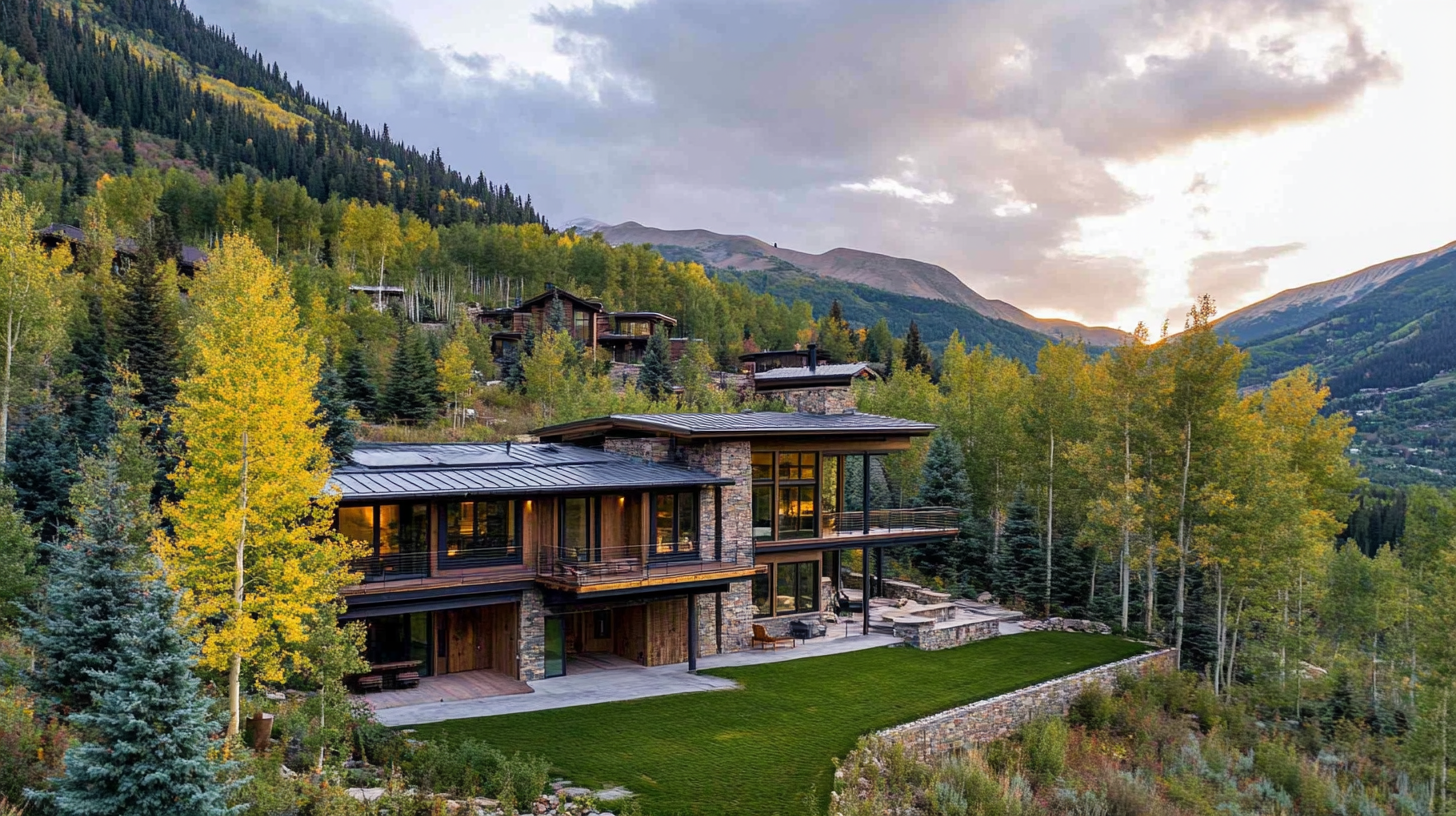 A large house is sitting on top of a hill in the middle of a forest.