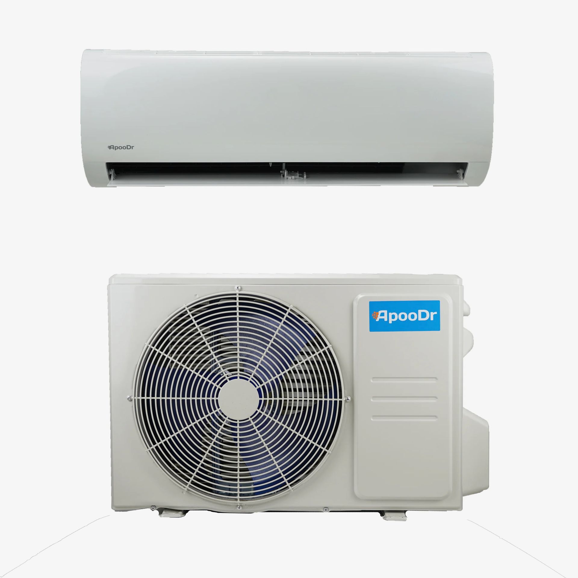 White wall-mounted AC unit above a matching outdoor condenser with large fan grille